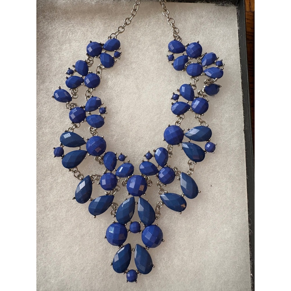 Cobalt Blue Statement Bib Necklace Faceted Teardrop Resin Silver Tone Adjustable